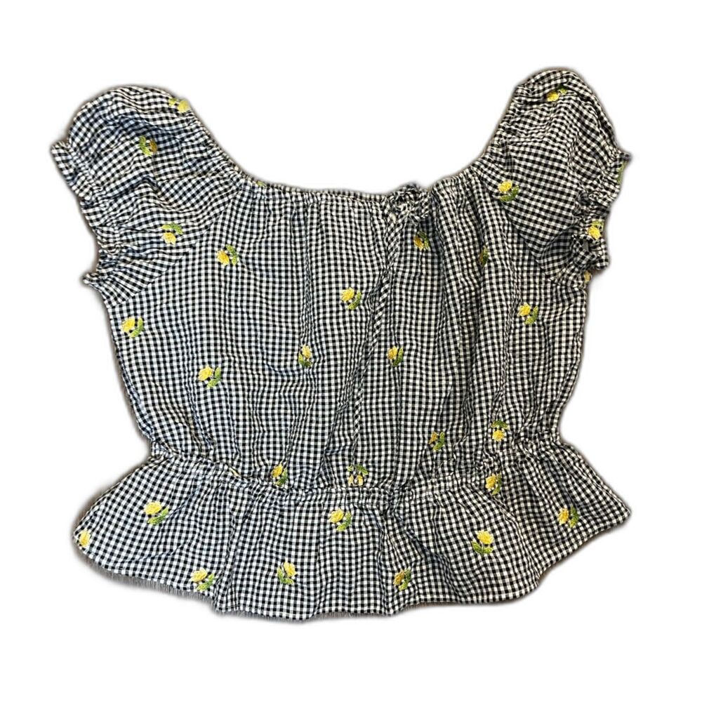 Forever 21 Yellow Flower Embroidered Gingham Off Shoulder Cotton Top Plus SZE 1X